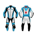 SUZUKI GSXR BLUE AND WHITE MOTORCYCLE LEATHER RACING SUIT