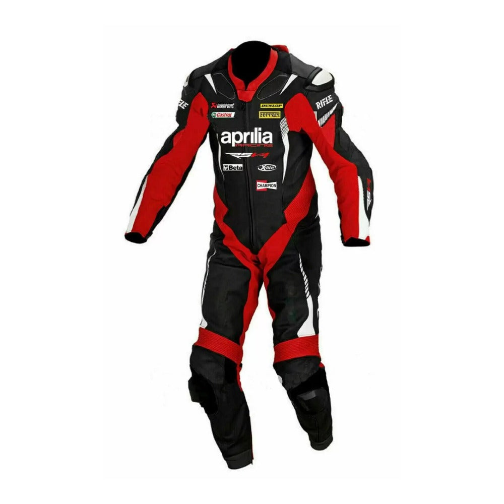 APRILIA MEN MOTORCYCLE BLACK AND RED LEATHER RACING SUIT
