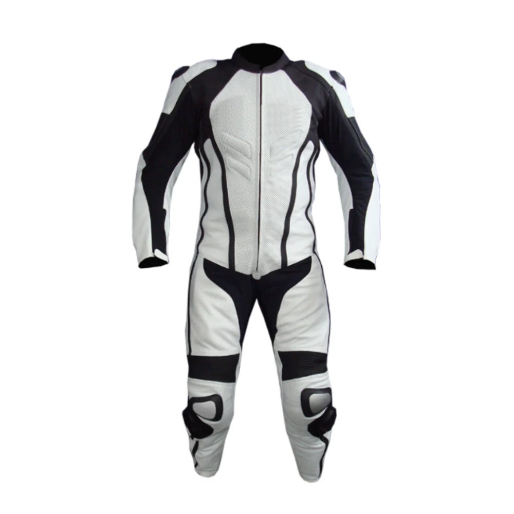 MEN MOTORCYCLE RIBS LEATHER RACING BLACK/WHITE SUIT