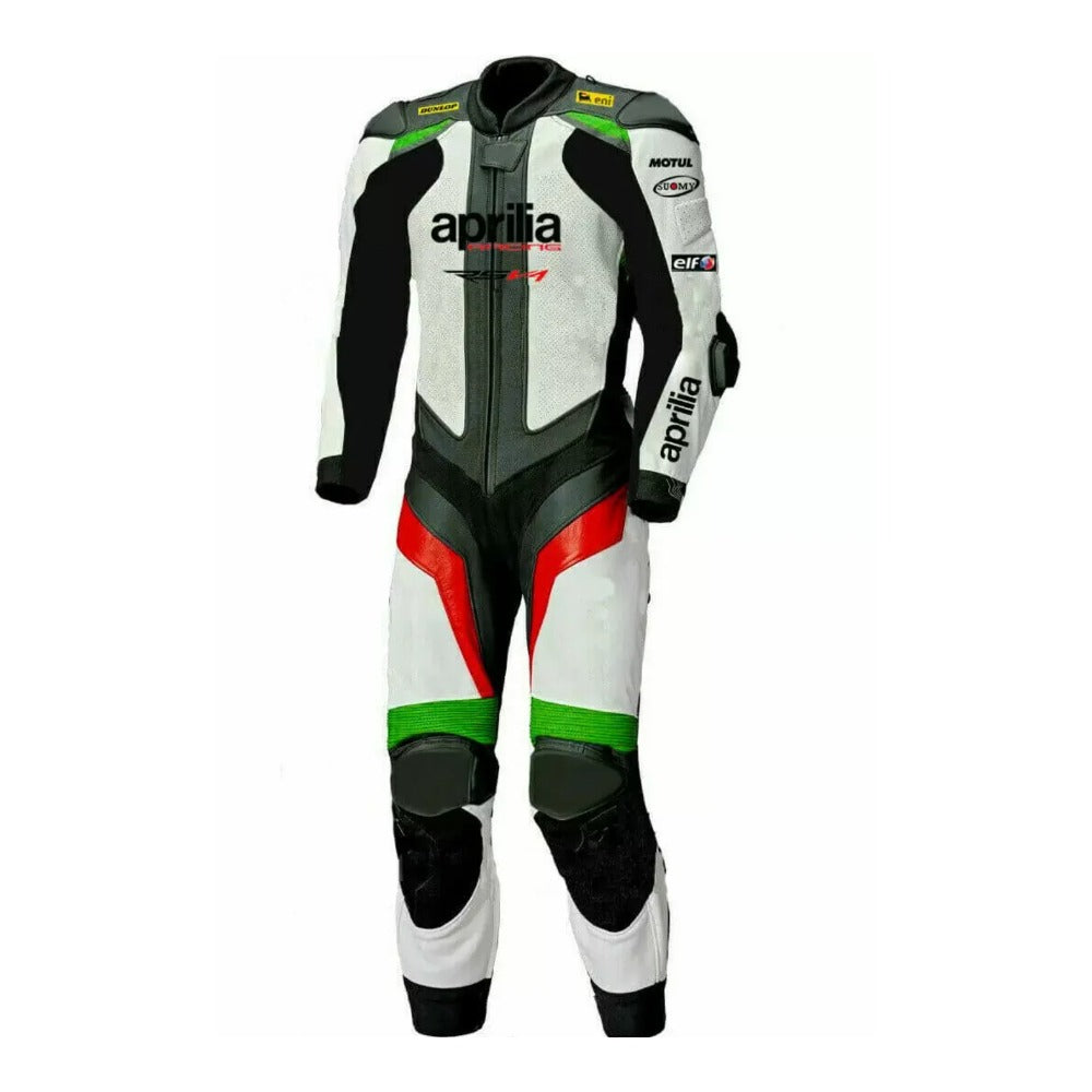 APRILIA PERFORATED MEN MOTORCYCLE WHITE LEATHER RACING SUIT