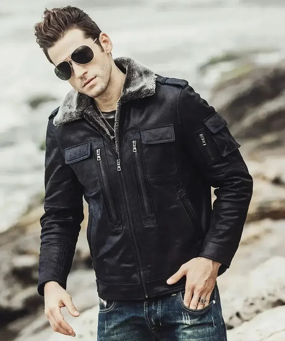 Men's Aurora Black Sheepskin Leather Faux Shearling Jacket