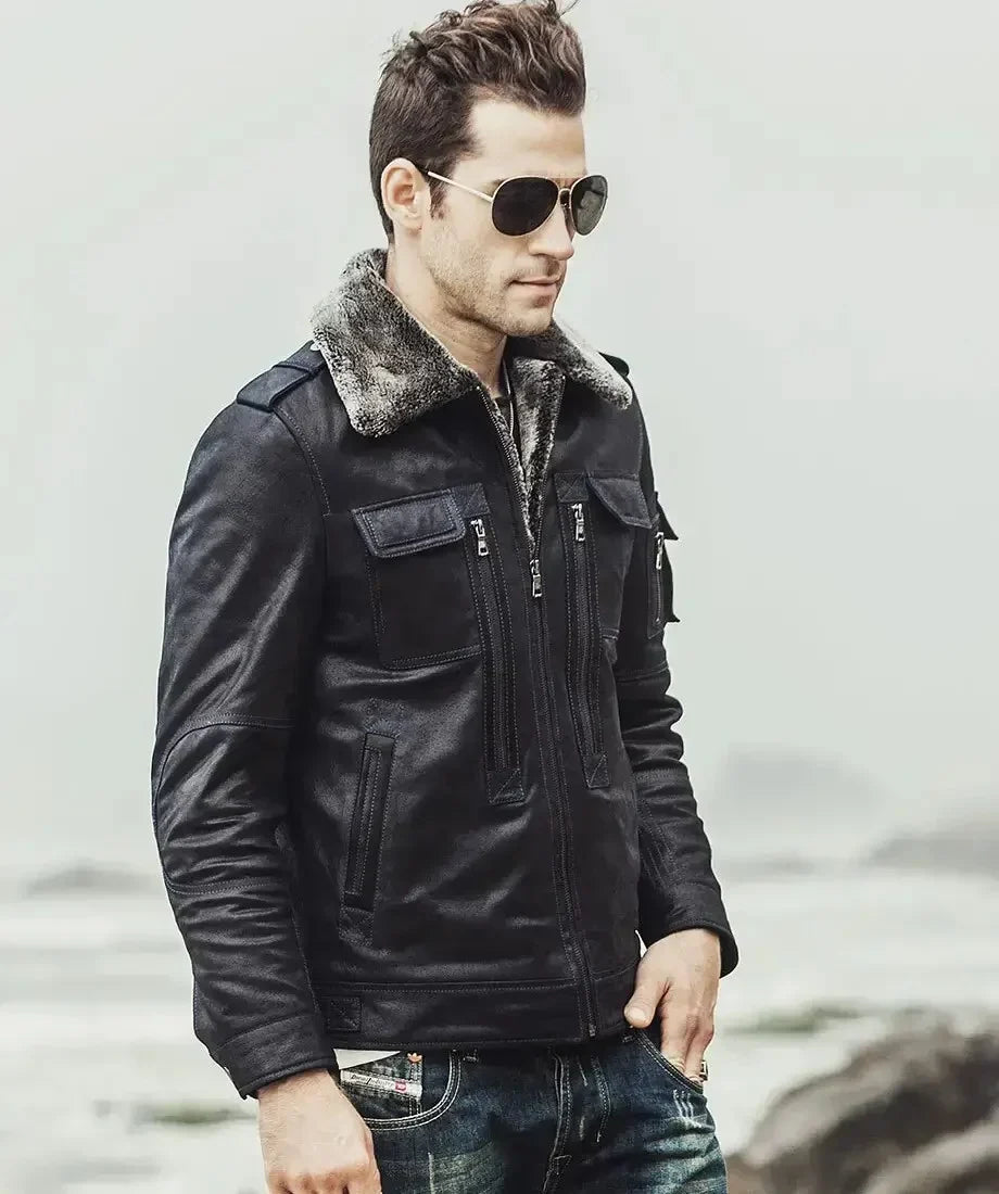 Men's Aurora Black Sheepskin Leather Faux Shearling Jacket