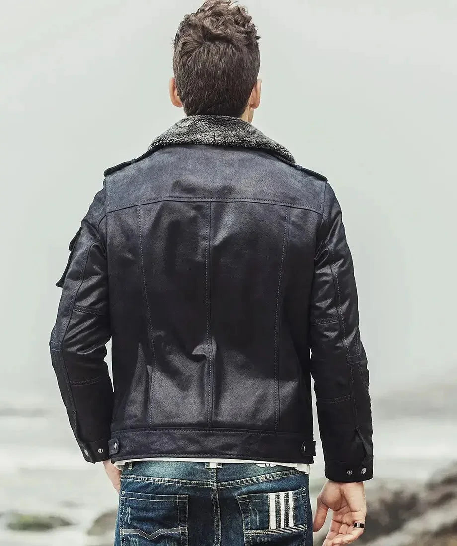 Men's Aurora Black Sheepskin Leather Faux Shearling Jacket
