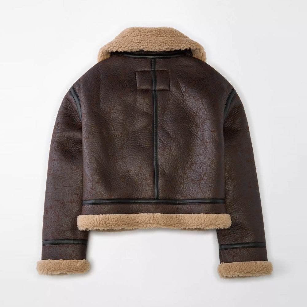 Brown Cropped Aviator Sheepskin Shearling Leather Jacket For Women