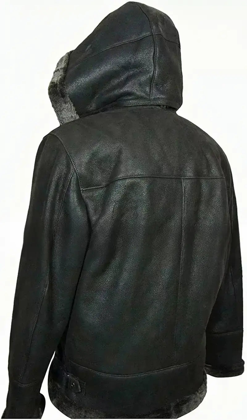 Men’s Aviator Flight Fur Shearling B3 Hooded Black Leather Jacket