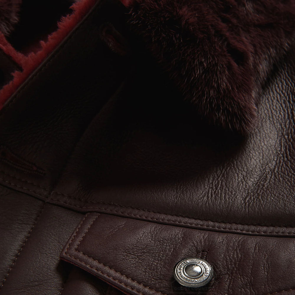 Men Chocolate Brown Trucker Aviator Sheepskin B3 Fur Shearling Leather Jacket