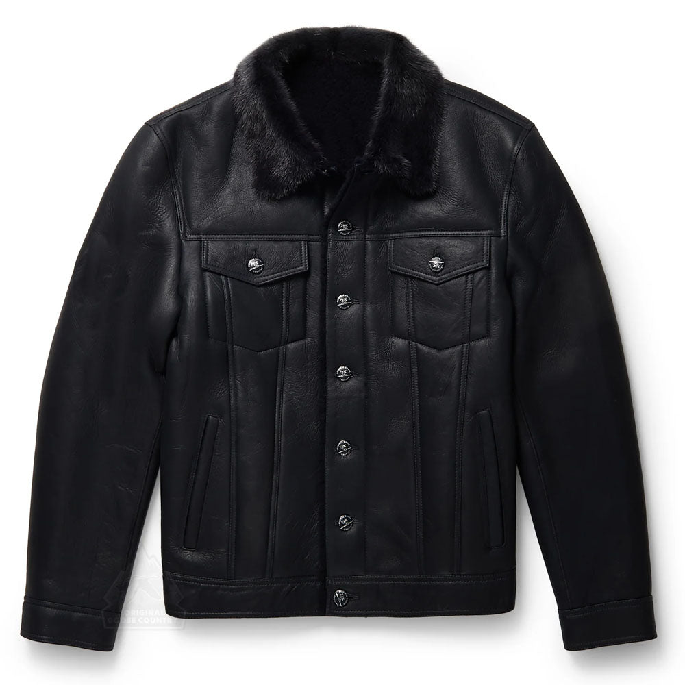 Men Black Aviator B3 Sheepskin Fur Collar Styled Shearling Leather Jacket