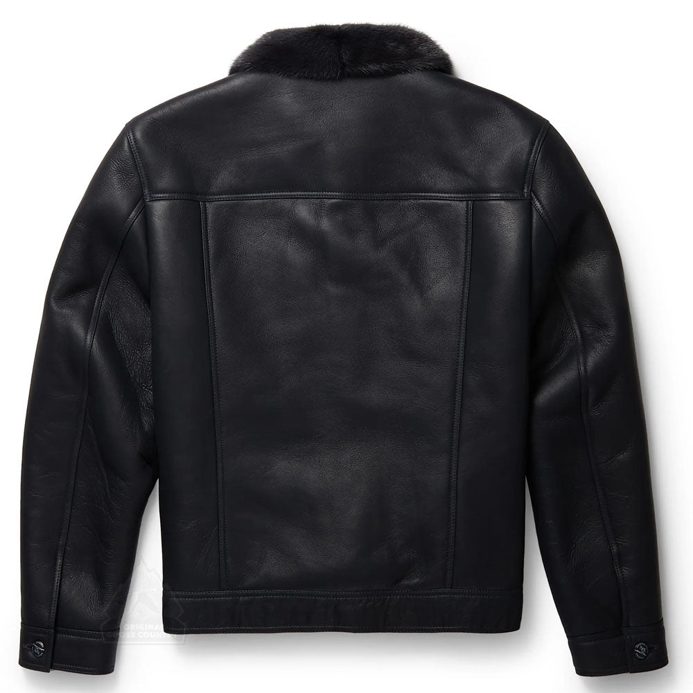 Men Black Aviator B3 Sheepskin Fur Collar Styled Shearling Leather Jacket