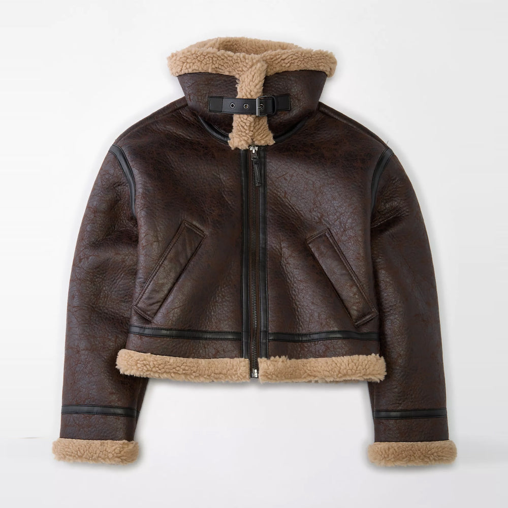 Brown Cropped Aviator Sheepskin Shearling Leather Jacket For Women