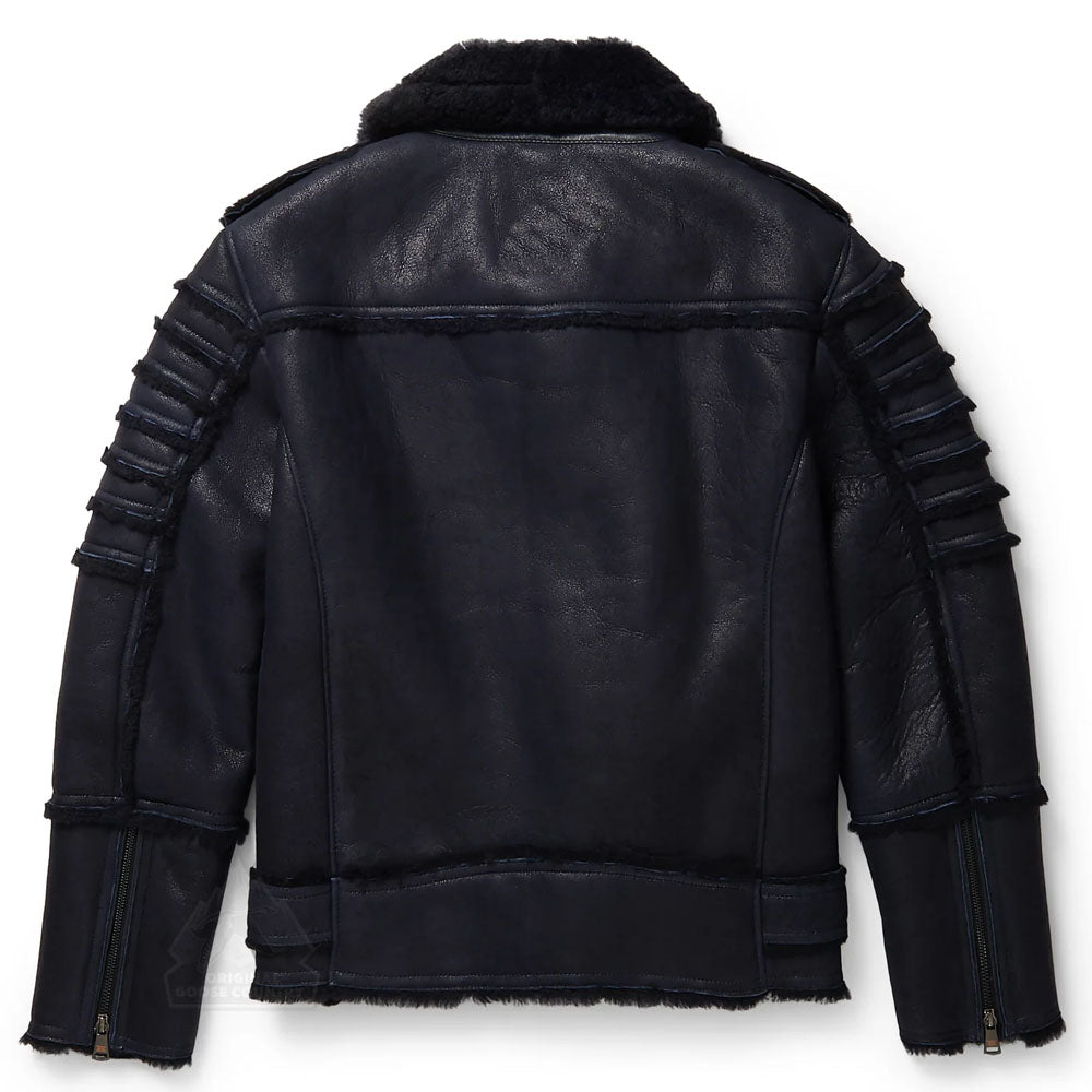 Men's Black Aviator Styled Fur Collar Sheepskin Moto Shearling Leather Jacket