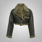 Women Green Aviator Faux Fur Shearling Real Sheepskin Leather Jacket