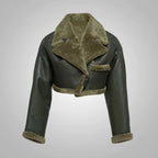 Women Green Aviator Faux Fur Shearling Real Sheepskin Leather Jacket