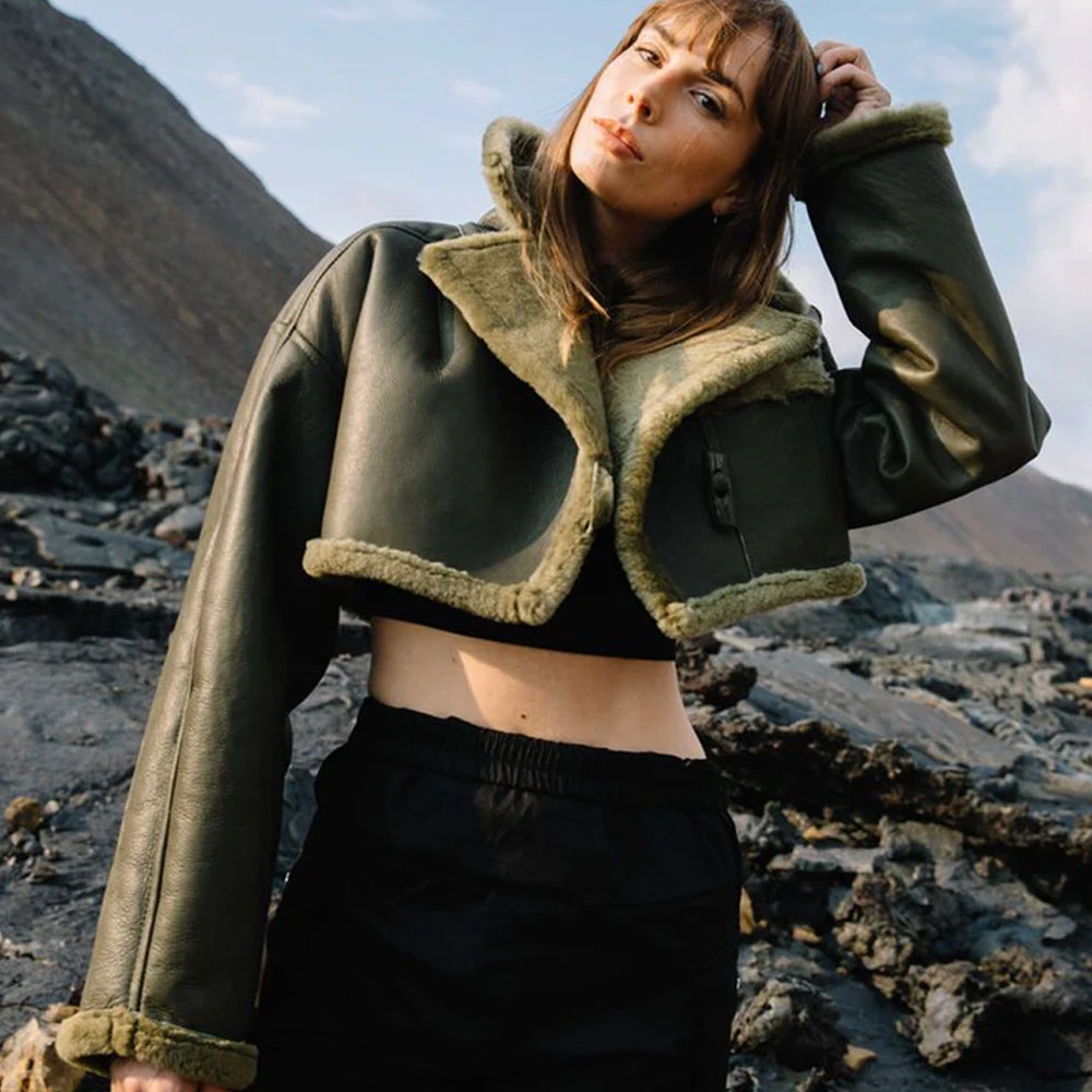 Women Green Aviator Faux Fur Shearling Real Sheepskin Leather Jacket