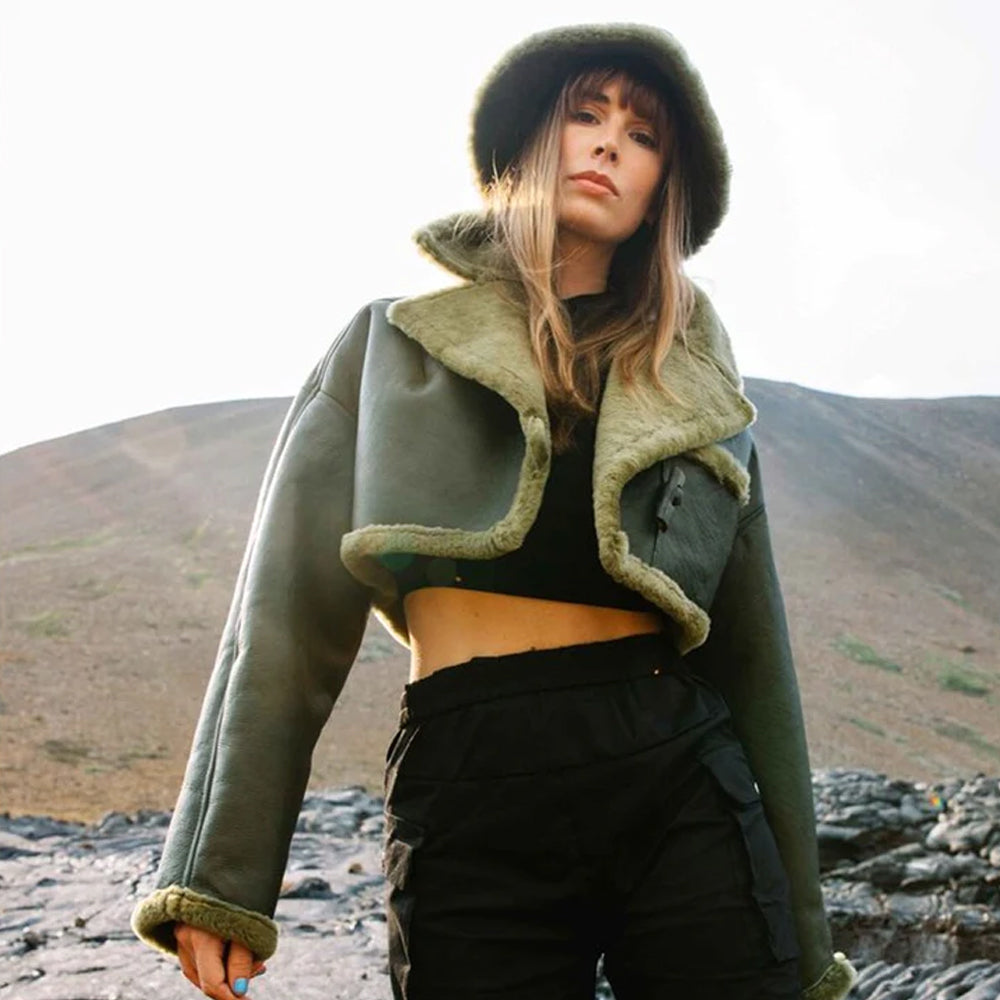 Women Green Aviator Faux Fur Shearling Real Sheepskin Leather Jacket