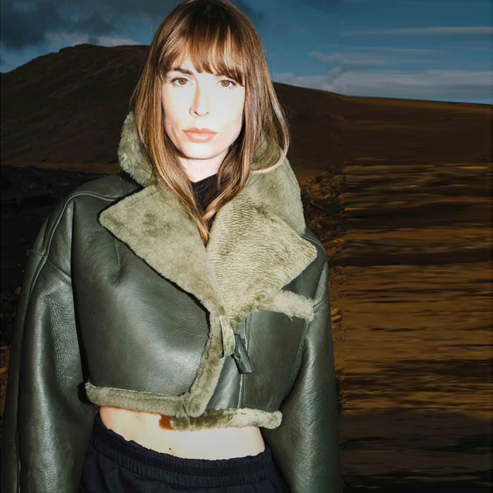 Women Green Aviator Faux Fur Shearling Real Sheepskin Leather Jacket