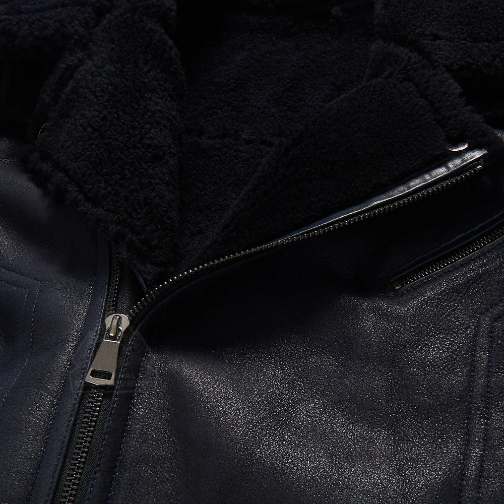 Men's Black Aviator Styled Fur Collar Sheepskin Moto Shearling Leather Jacket