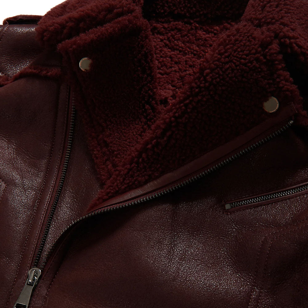 Men Dark Brown Sheepskin B3 Aviator Fur Collar Moto Shearling Leather Jacket