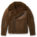 Men's Brown Aviator Styled Sheepskin Fur Moto Flight Shearling Leather Jacket