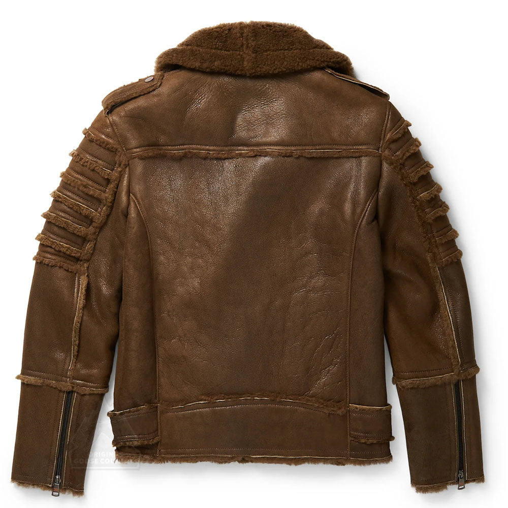 Men's Brown Aviator Styled Sheepskin Fur Moto Flight Shearling Leather Jacket