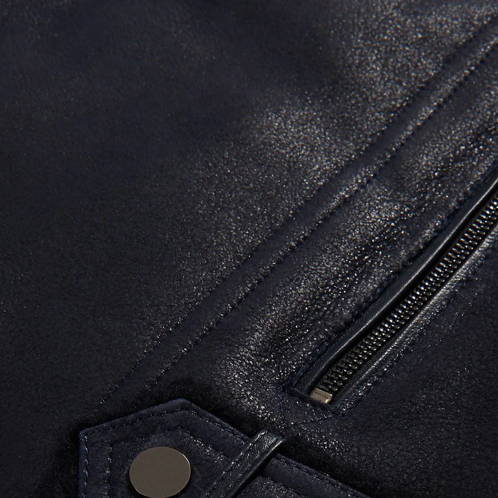 Men's Black Aviator Styled Fur Collar Sheepskin Moto Shearling Leather Jacket