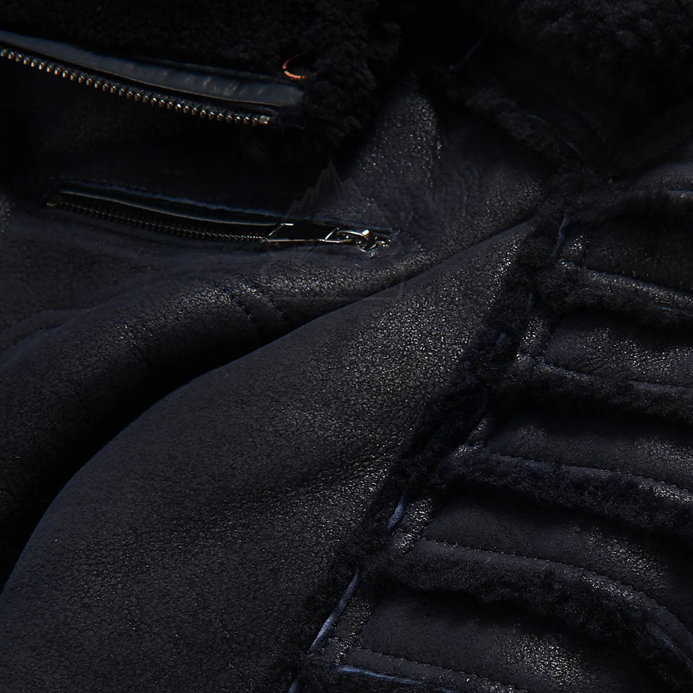 Men's Black Aviator Styled Fur Collar Sheepskin Moto Shearling Leather Jacket