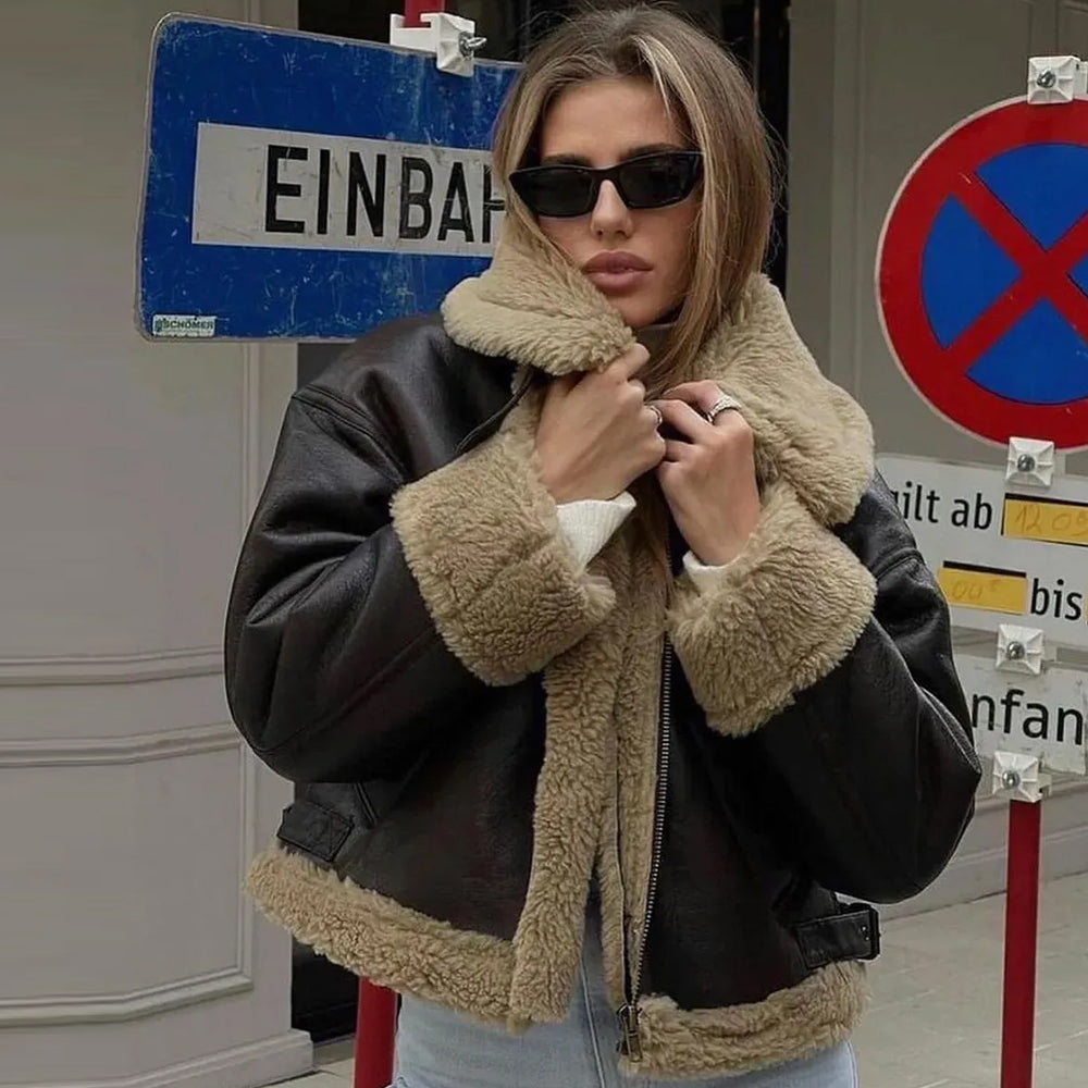 Women Brown Aviator Sheepskin Leather Jacket