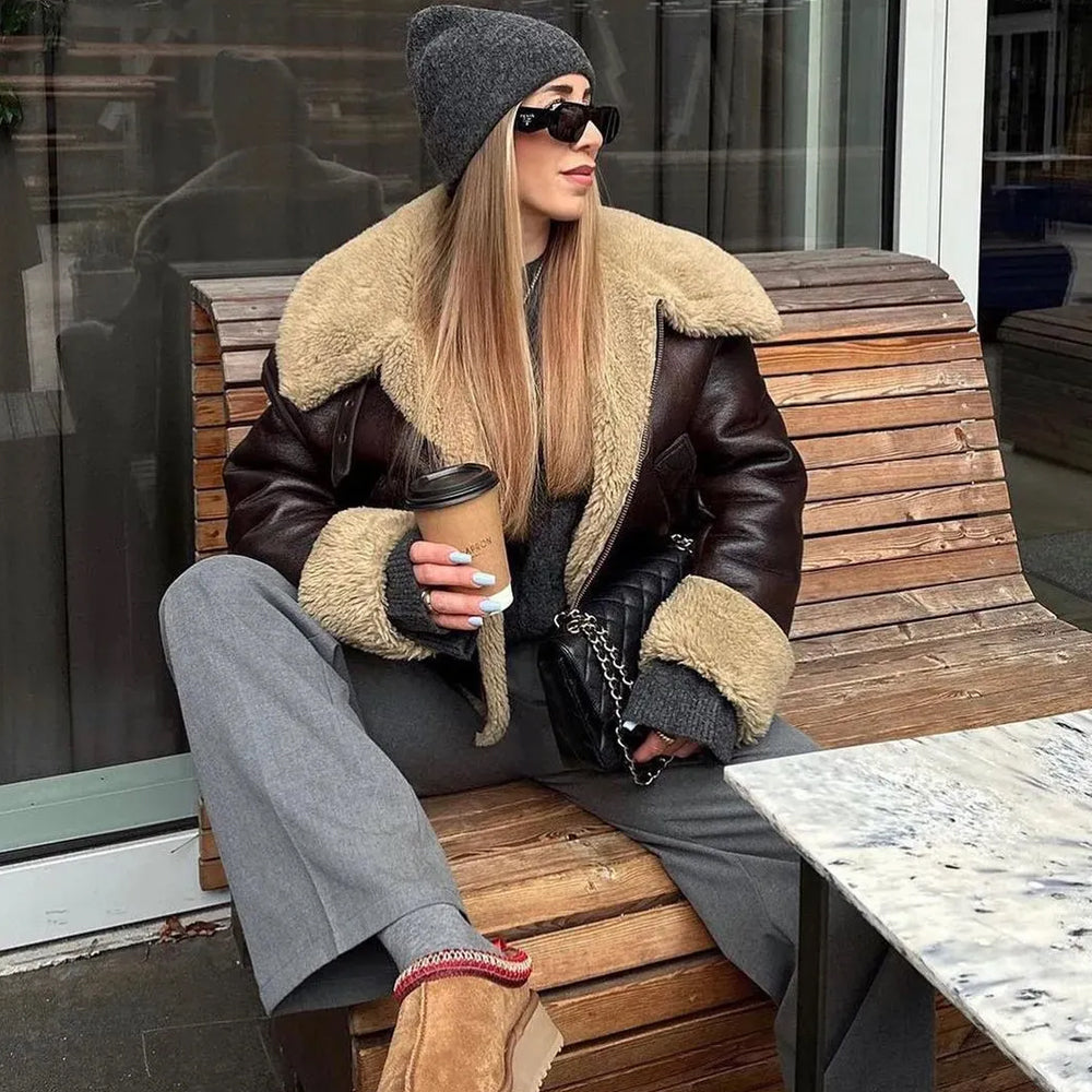 Women Brown Aviator Sheepskin Leather Jacket