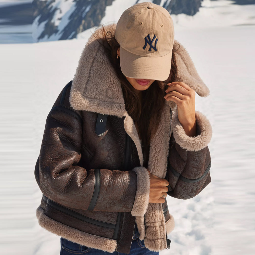 Brown Cropped Aviator Sheepskin Shearling Leather Jacket For Women