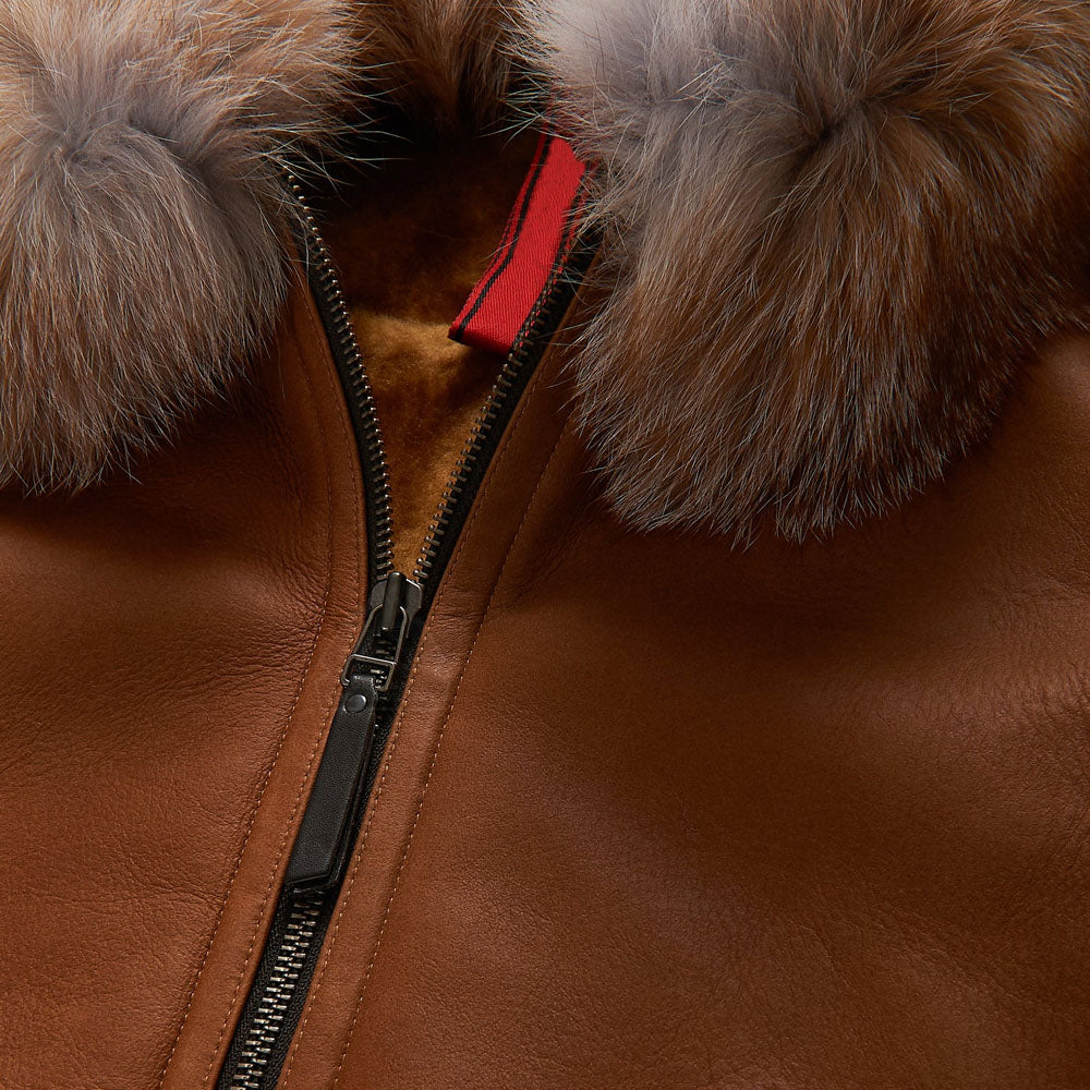 Men Brown Bomber Aviator Sheepskin Fur Collar B3 Leather Jacket
