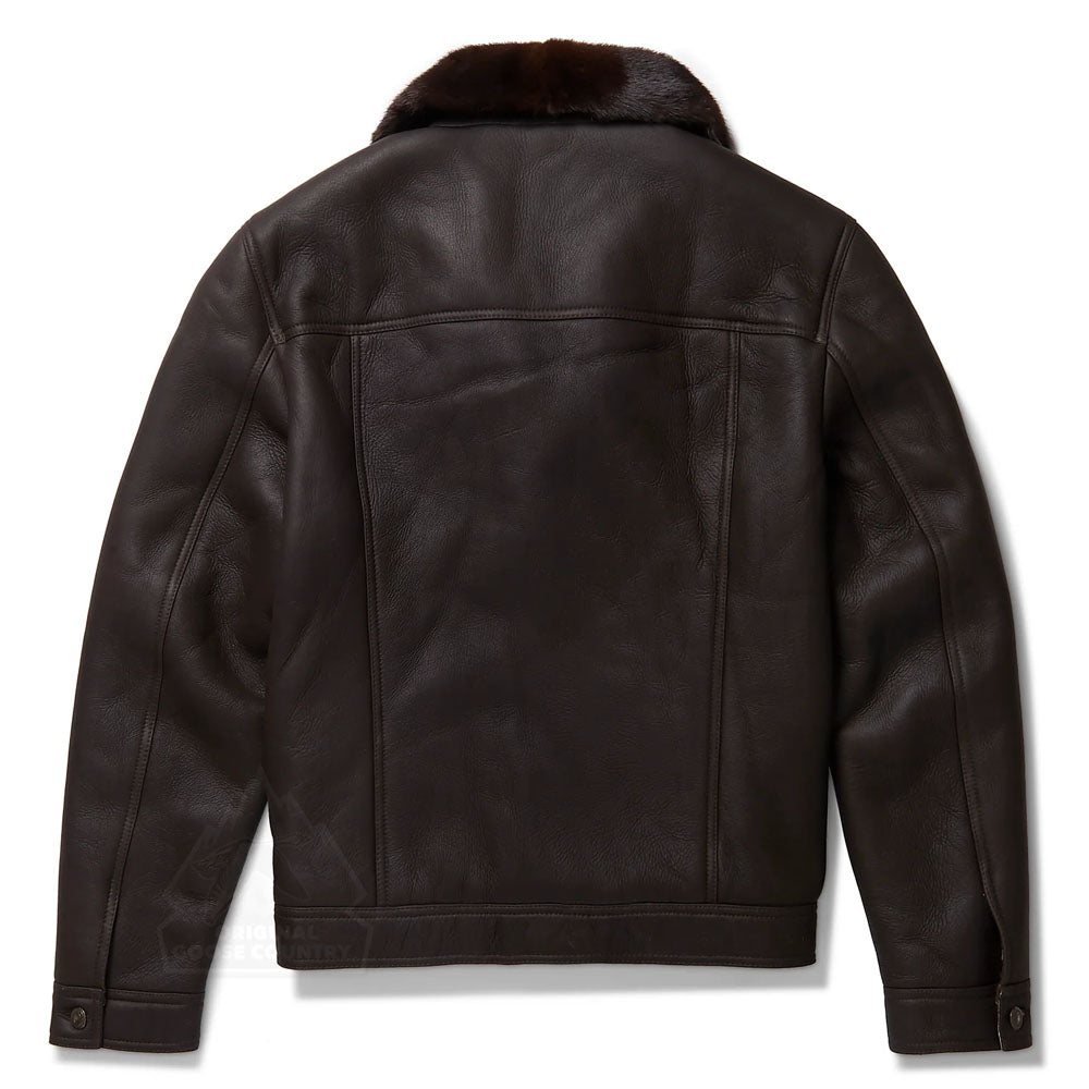 Men Dark Brown Sheepskin Airforce B3 Aviator Fur Collar Leather Jacket