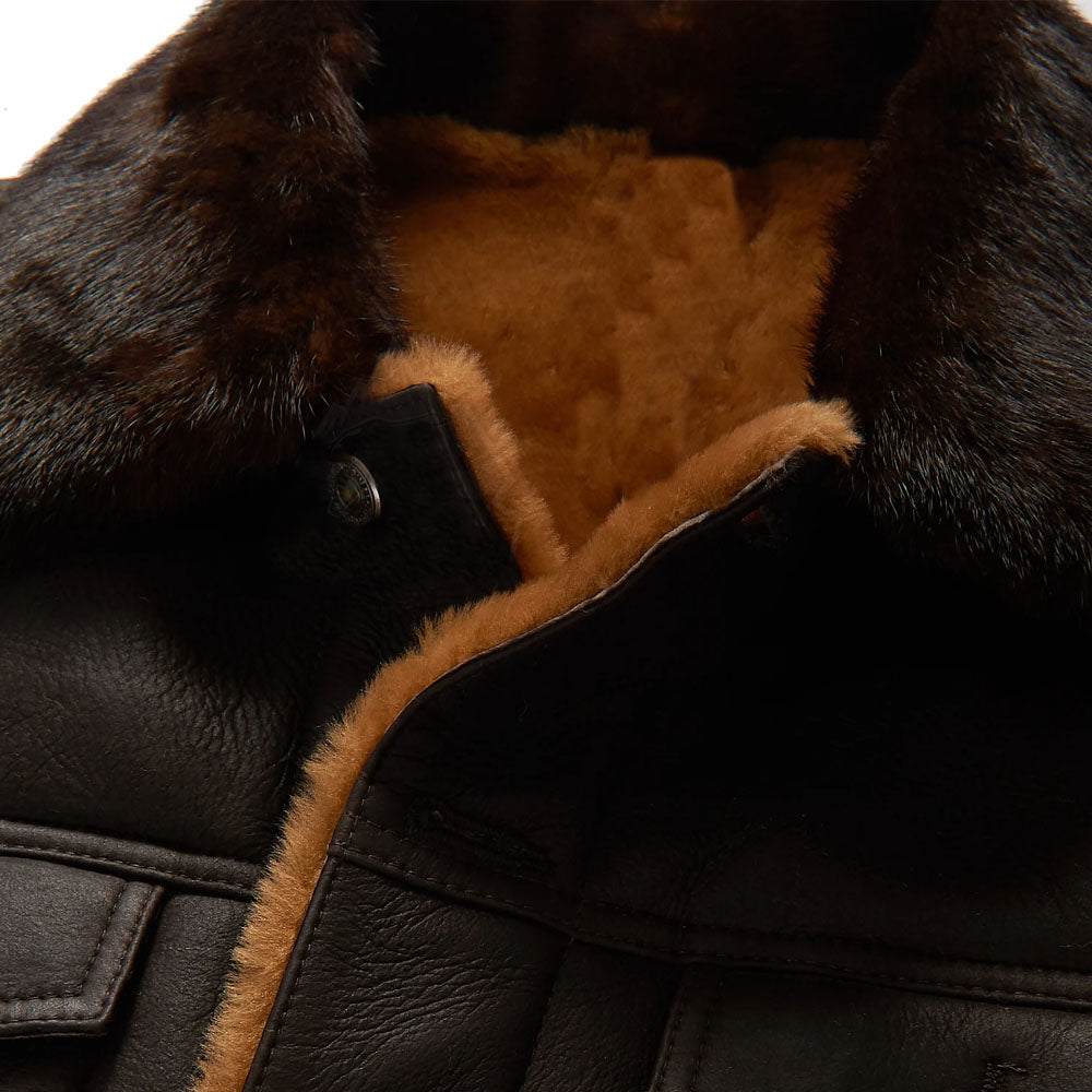 Men Dark Brown Sheepskin Airforce B3 Aviator Fur Collar Leather Jacket