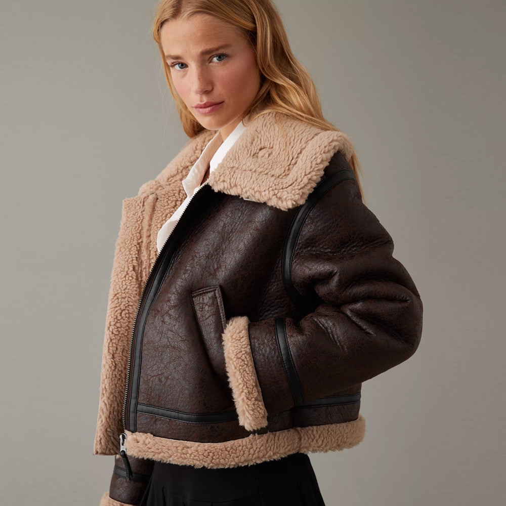 Brown Cropped Aviator Sheepskin Shearling Leather Jacket For Women
