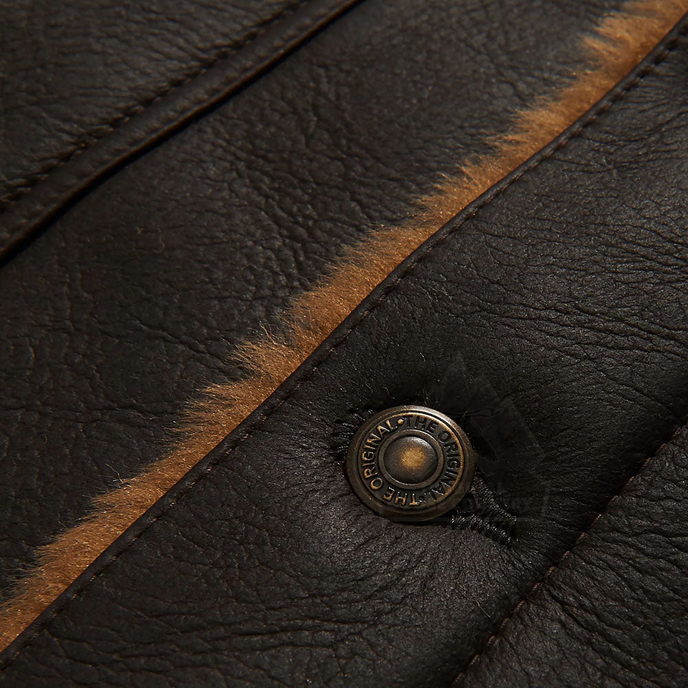 Men Dark Brown Sheepskin Airforce B3 Aviator Fur Collar Leather Jacket
