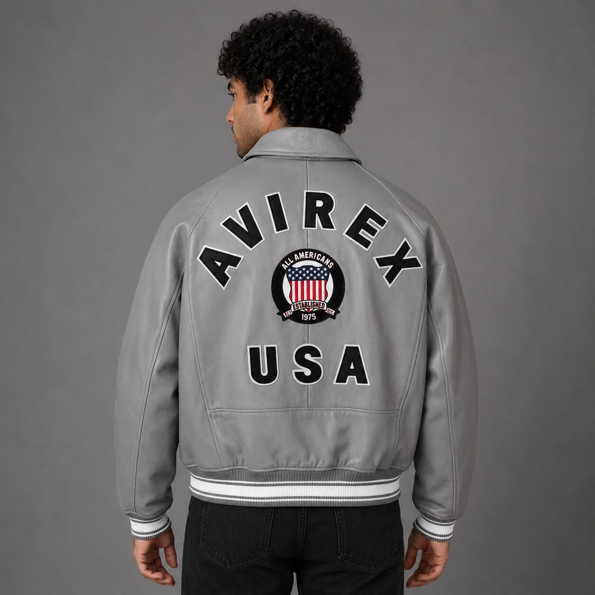 Avirex Grey Sheepskin Leather Flight Varsity Jacket Men