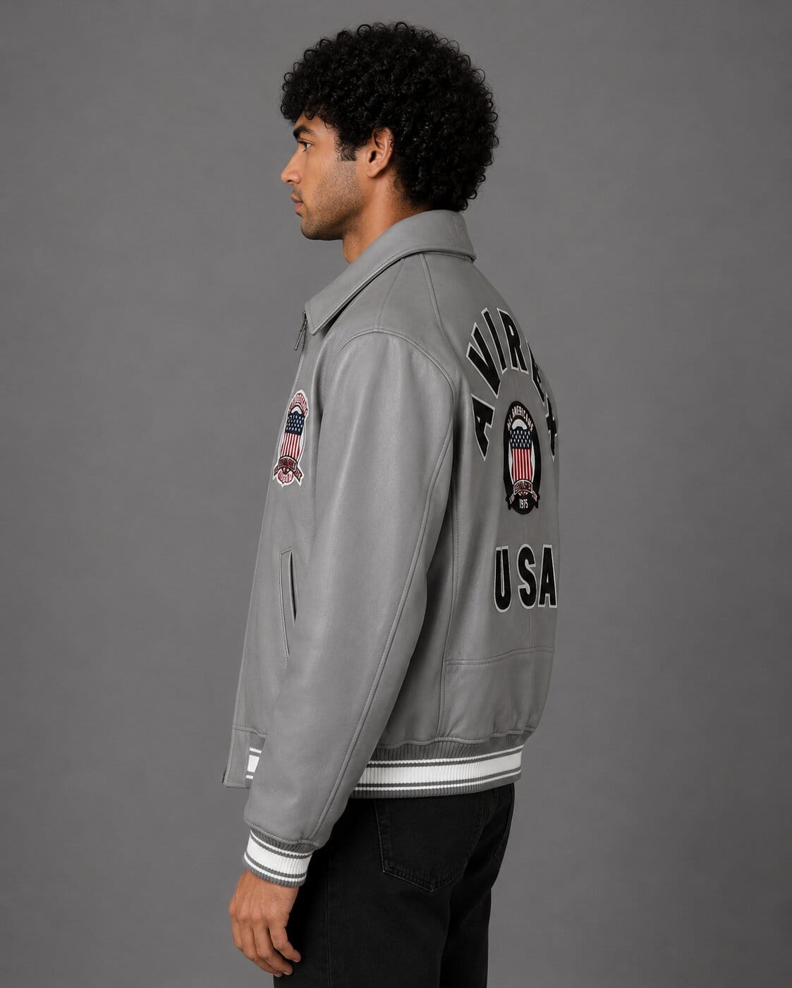 Avirex Grey Sheepskin Leather Flight Varsity Jacket Men