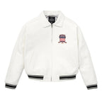 White Avirex Varsity Bomber Jacket – Embroidered Crest, Classic Street Style Jacket
