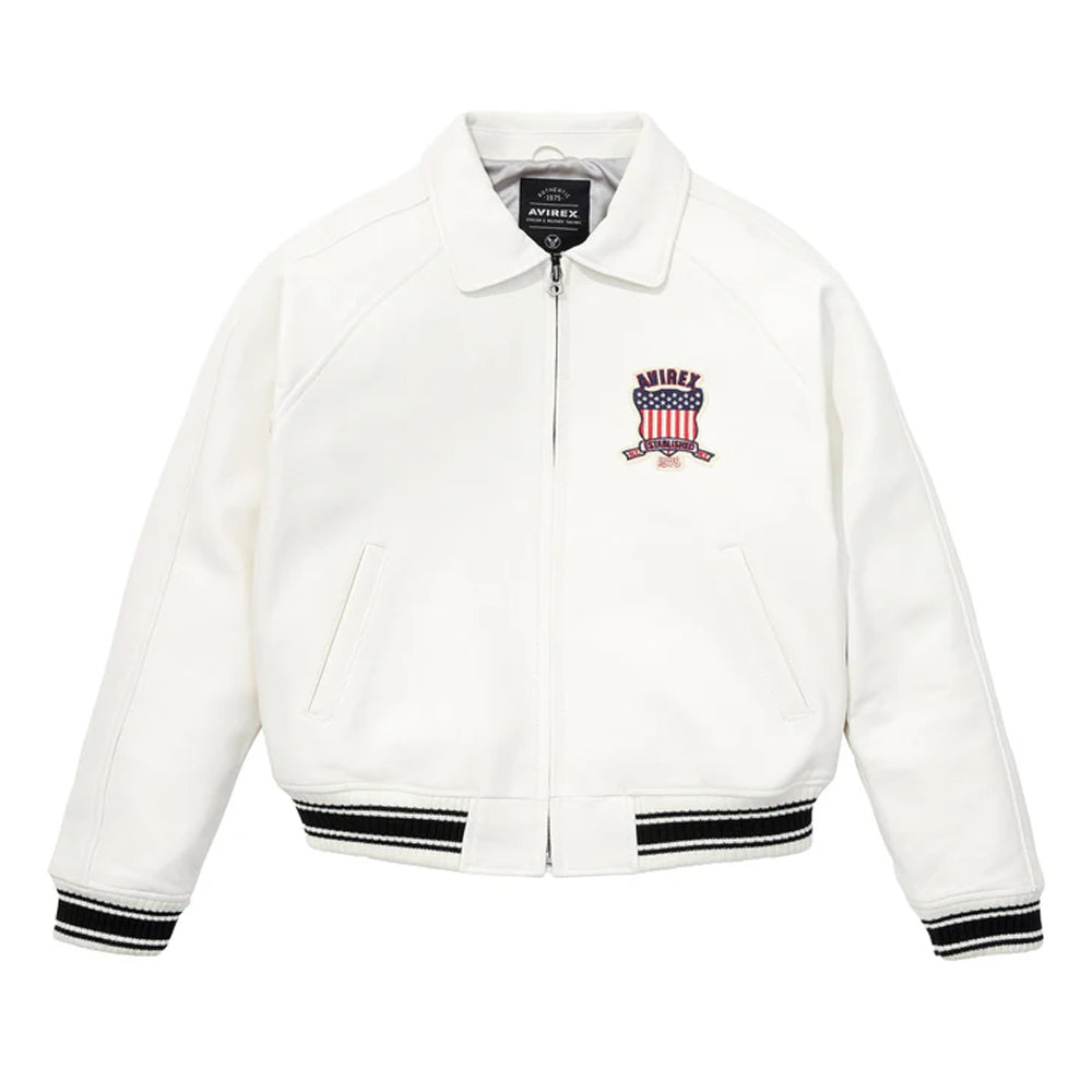 White Avirex Varsity Bomber Jacket – Embroidered Crest, Classic Street Style Jacket