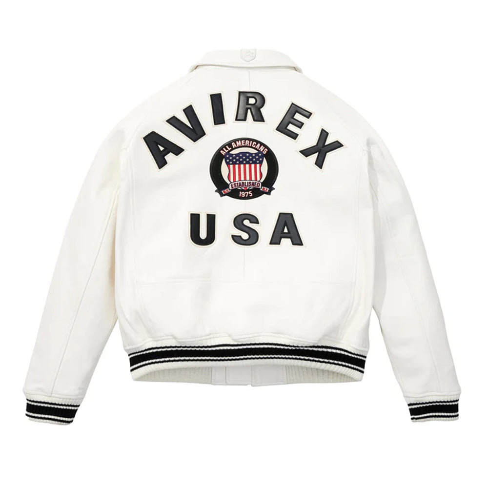 White Avirex Varsity Bomber Jacket – Embroidered Crest, Classic Street Style Jacket
