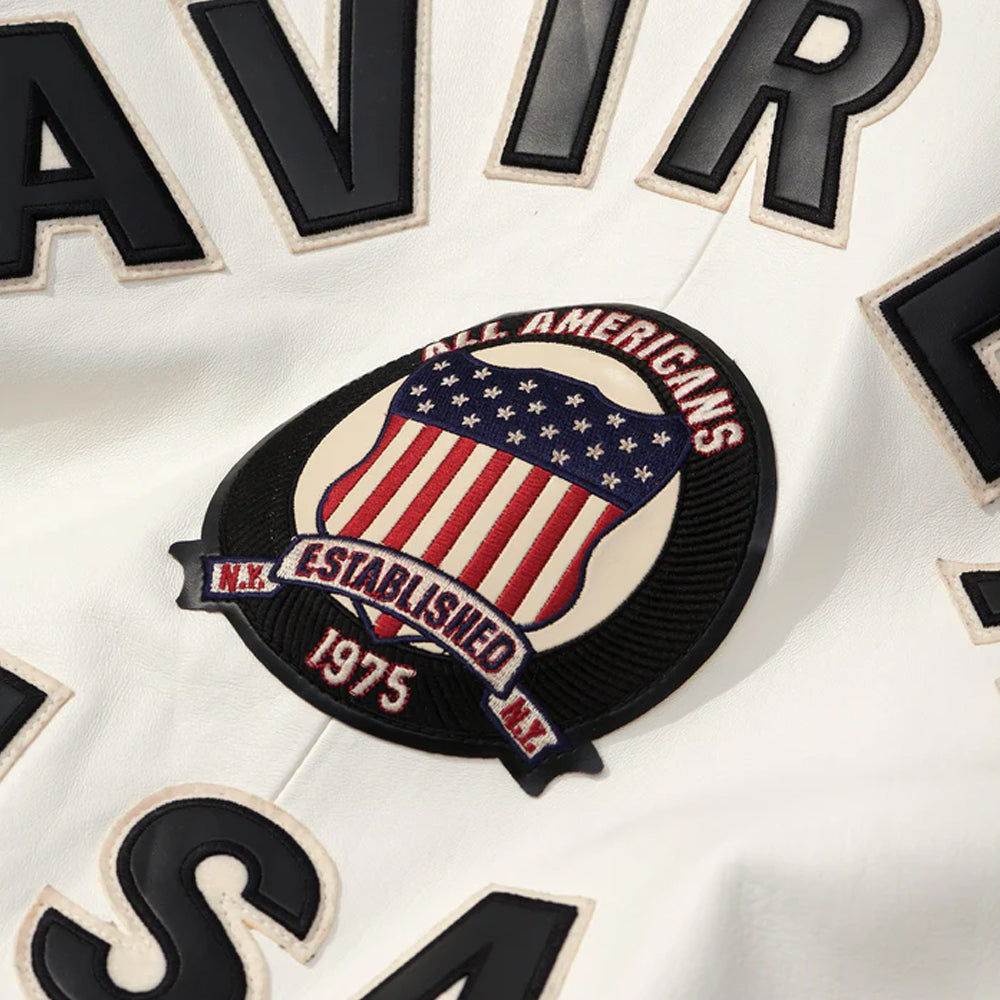 White Avirex Varsity Bomber Jacket – Embroidered Crest, Classic Street Style Jacket