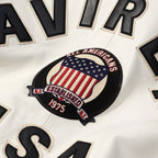 White Avirex Varsity Bomber Jacket – Embroidered Crest, Classic Street Style Jacket