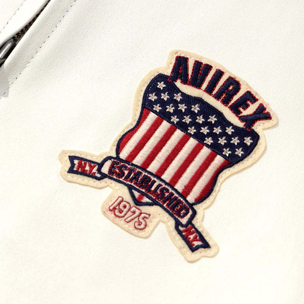 White Avirex Varsity Bomber Jacket – Embroidered Crest, Classic Street Style Jacket