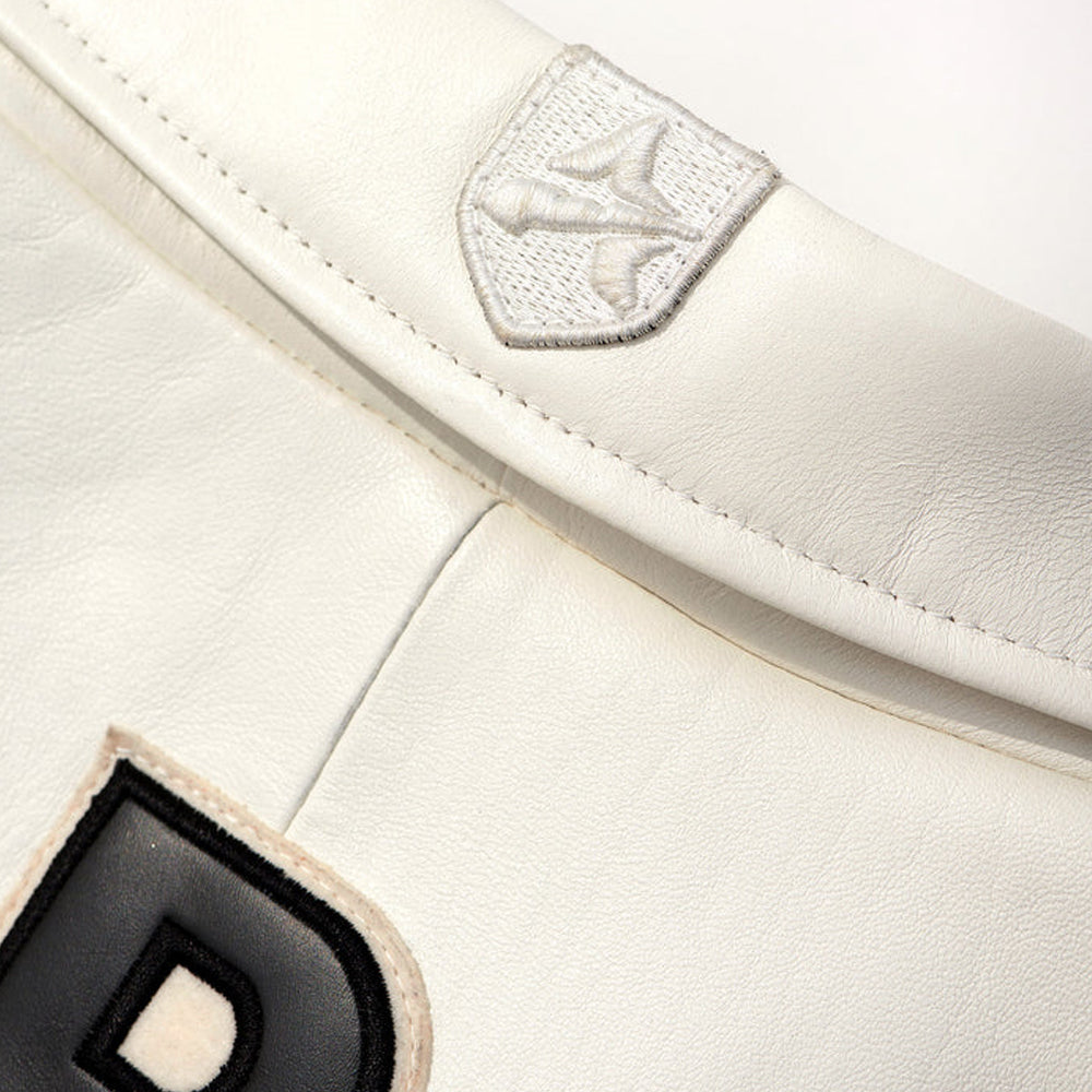 White Avirex Varsity Bomber Jacket – Embroidered Crest, Classic Street Style Jacket