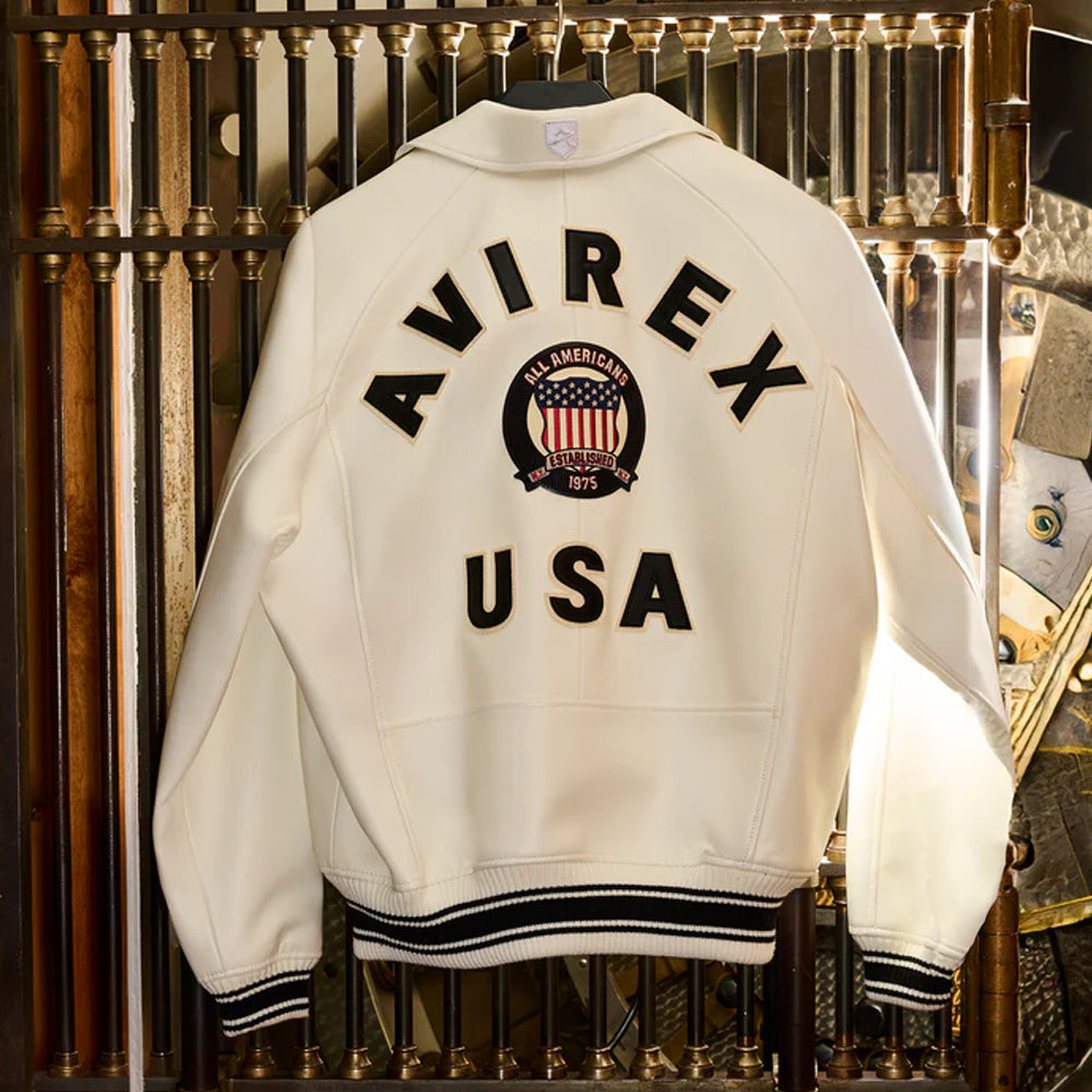 White Avirex Varsity Bomber Jacket – Embroidered Crest, Classic Street Style Jacket