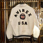 White Avirex Varsity Bomber Jacket – Embroidered Crest, Classic Street Style Jacket