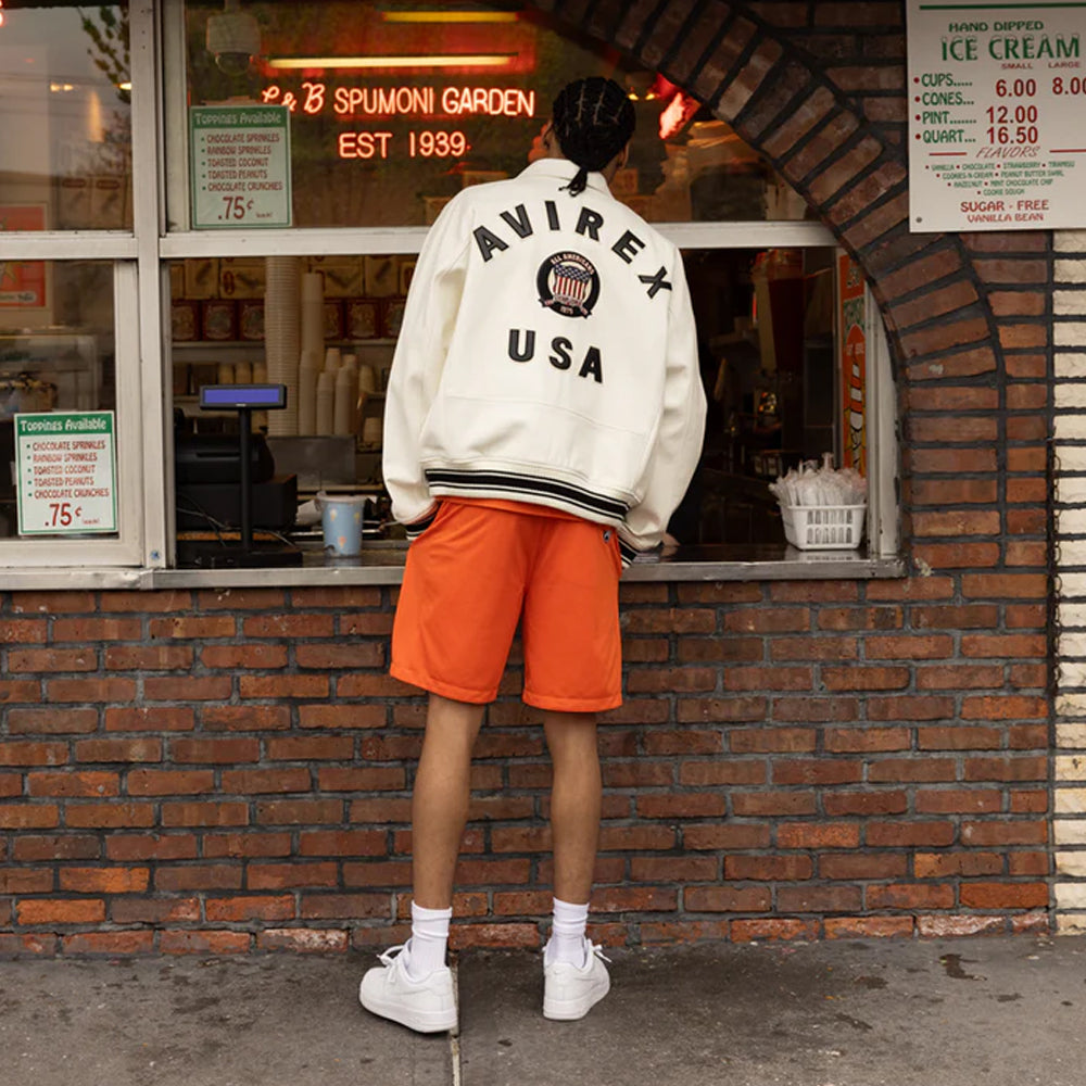 White Avirex Varsity Bomber Jacket – Embroidered Crest, Classic Street Style Jacket