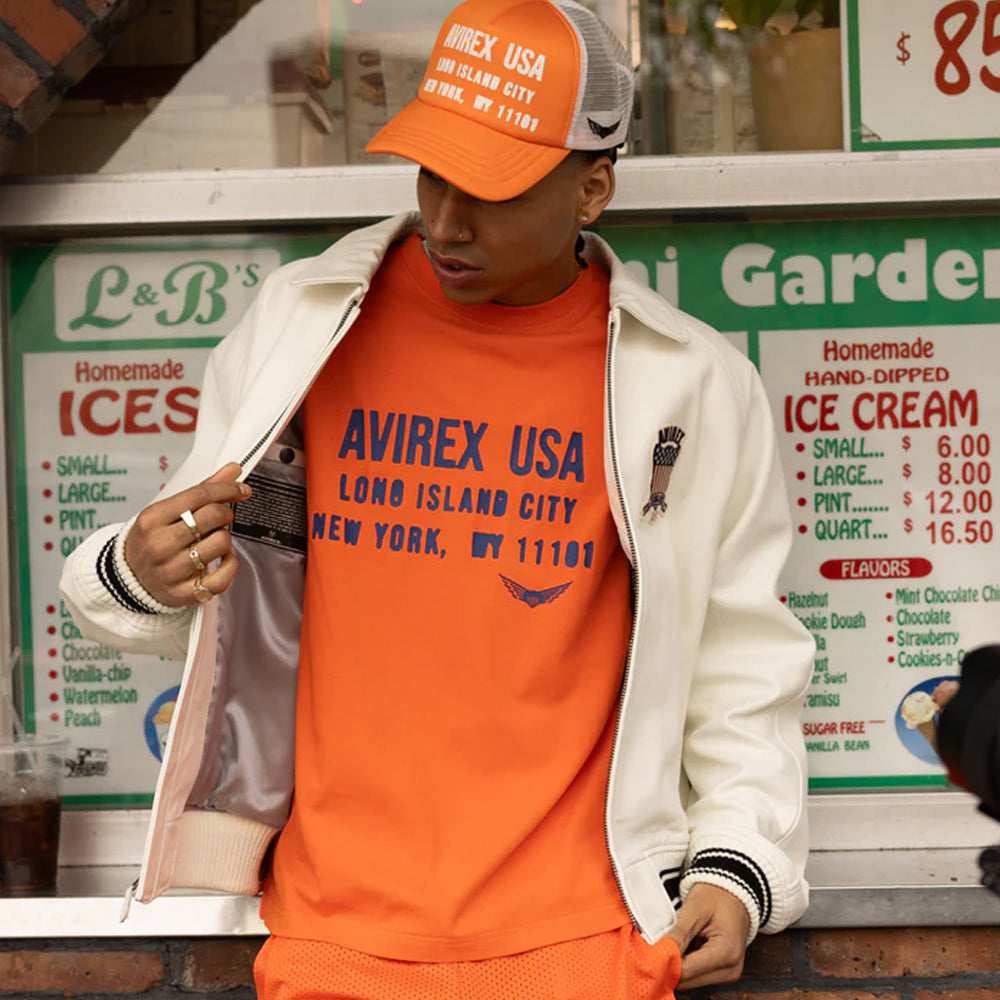 White Avirex Varsity Bomber Jacket – Embroidered Crest, Classic Street Style Jacket