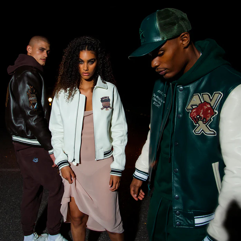 White Avirex Varsity Bomber Jacket – Embroidered Crest, Classic Street Style Jacket