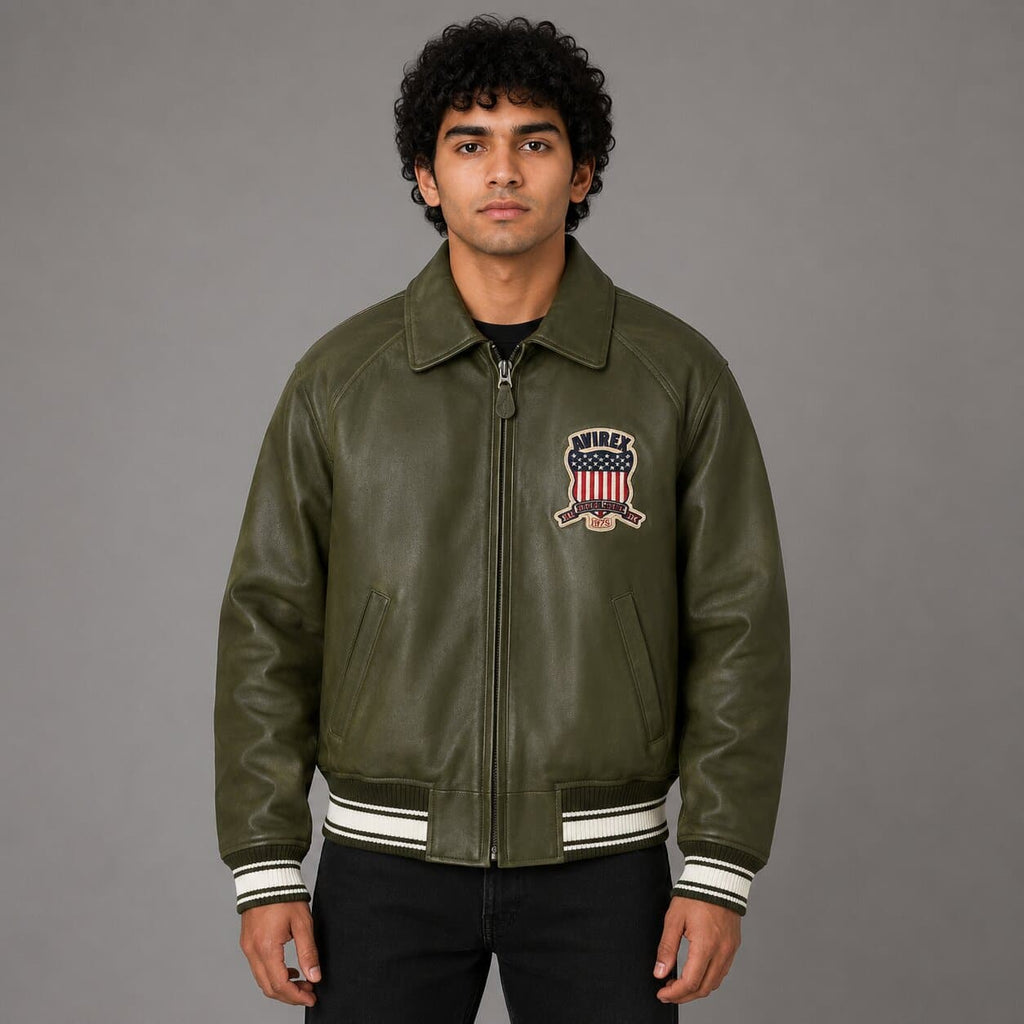 Avirex Green Sheepskin Leather Flight Bomber Jacket for Men