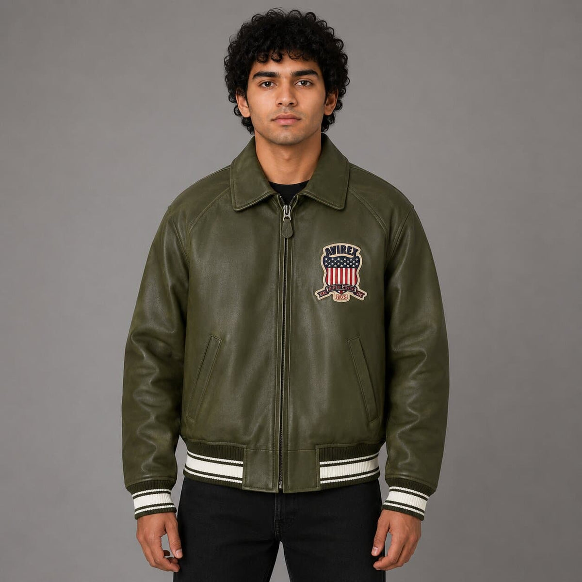 Avirex Green Sheepskin Leather Flight Bomber Jacket for Men