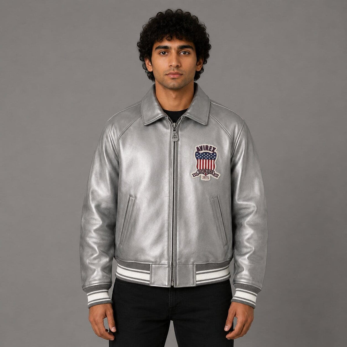 Avirex Silver Sheepskin Leather Flight Bomber Jacket Men